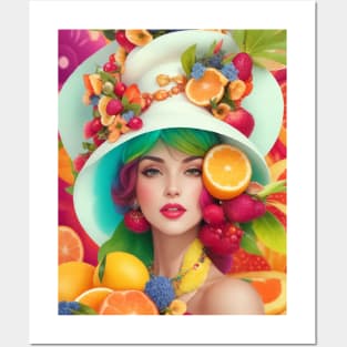 А woman with a white hat and some colorful fruity Posters and Art